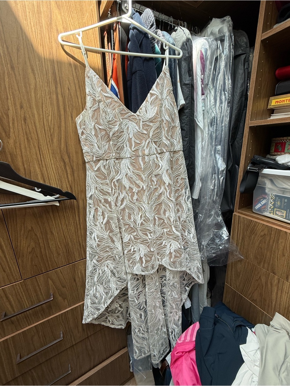 Le Château Ivory Embroidered Lace High-Low Dress, Size 12